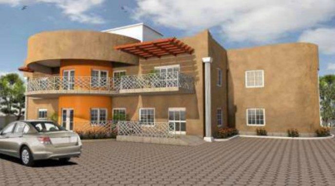 Render of a customised luxury home in Dawaki, Kano State, with orange and sand-toned facade and a pergola entrance.