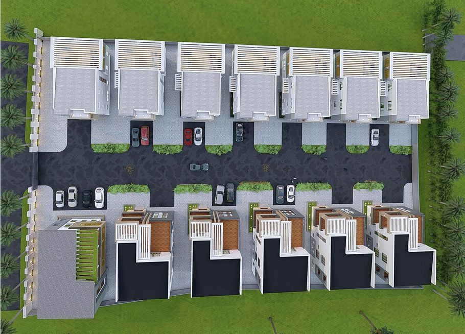 Aerial render of a 12-unit residential estate layout showing parking, circulation, and landscaped green zones.