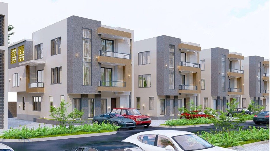 Street-level render of a contemporary residential townhouse development with landscaped buffers and parked cars.